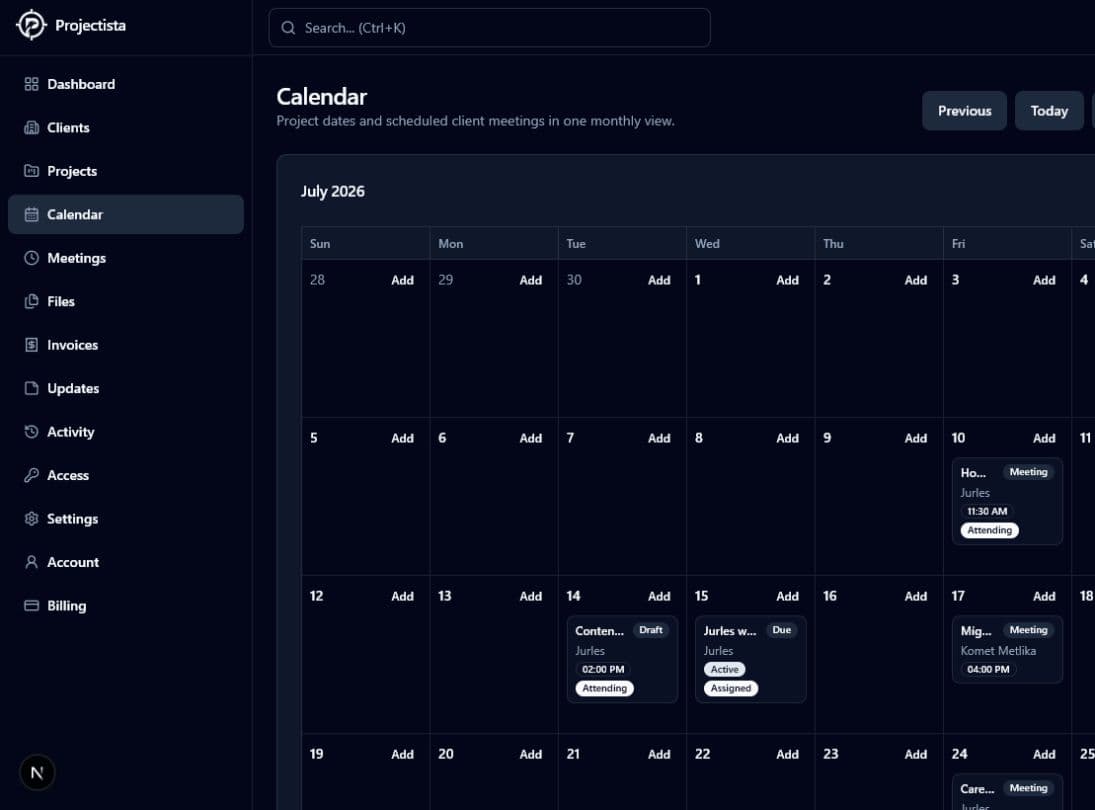 Project dates and scheduled meetings screen in Projectista