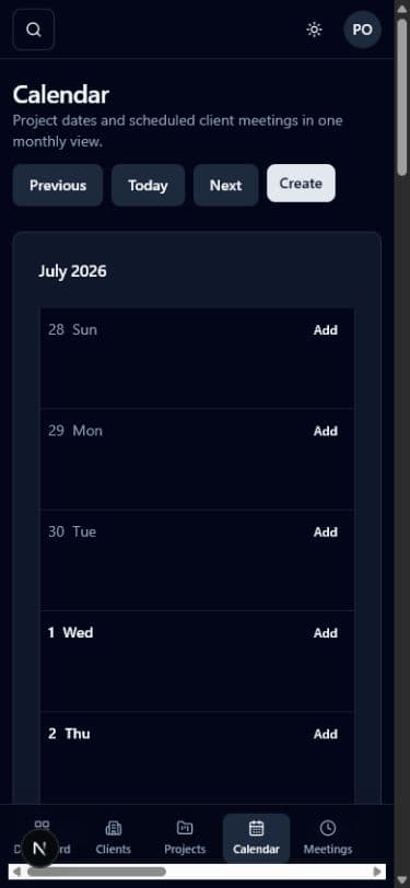 Calendar screen in Projectista