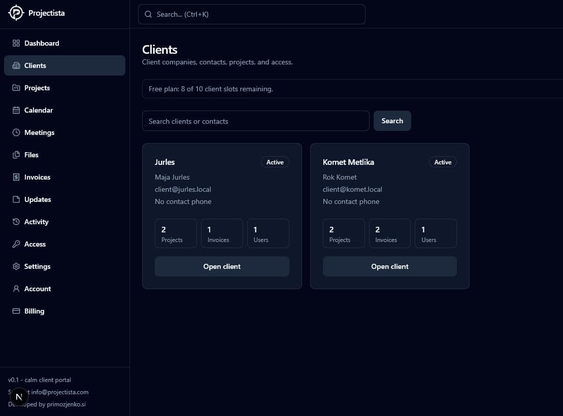 Companies, contacts, projects, and access screen in Projectista