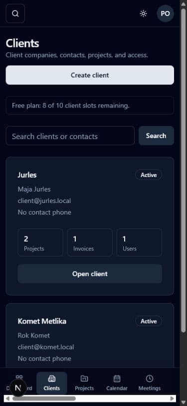 Clients screen in Projectista