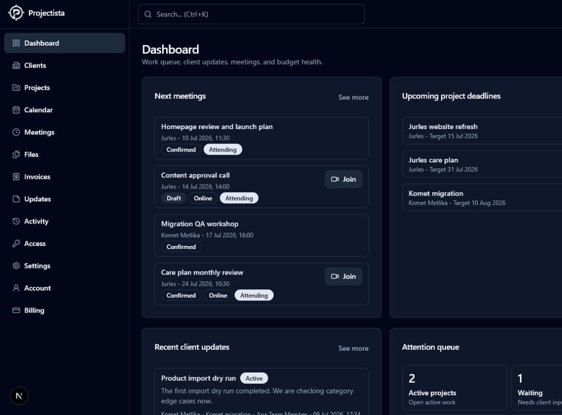 Work queue, meetings, deadlines, and updates screen in Projectista