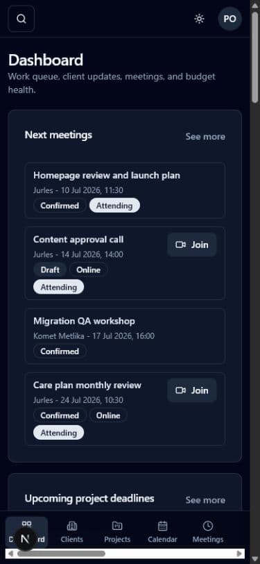 Dashboard screen in Projectista