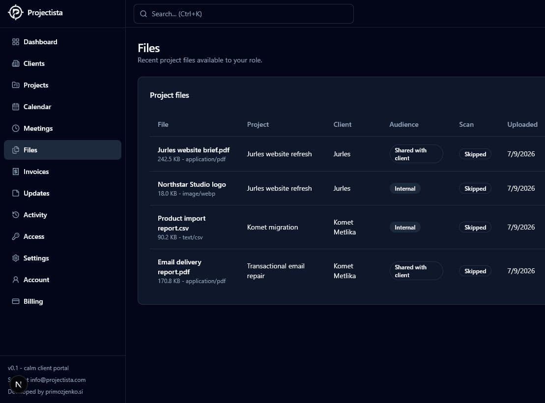 Project files with audience and scan status screen in Projectista