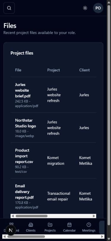 Files screen in Projectista