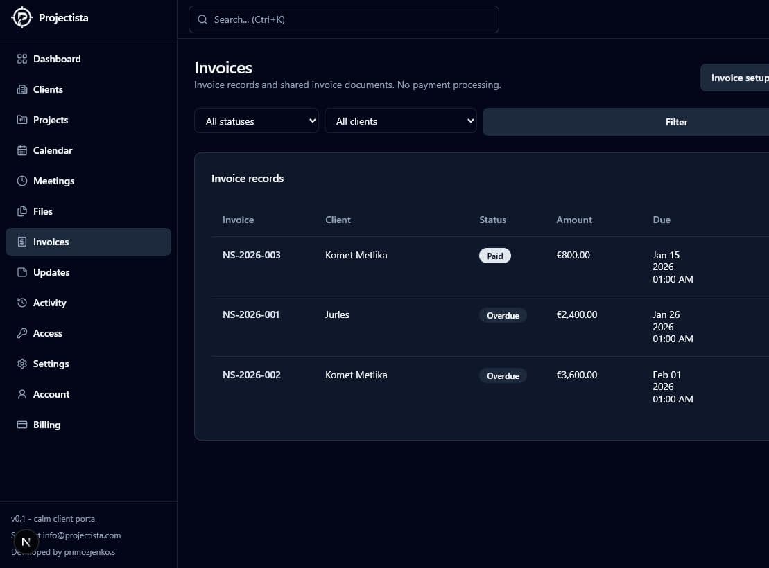 Invoice records in delivery context screen in Projectista