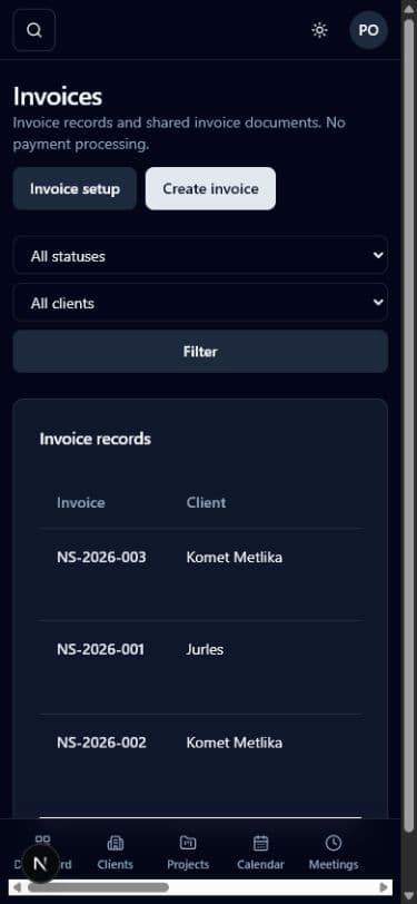 Invoices screen in Projectista