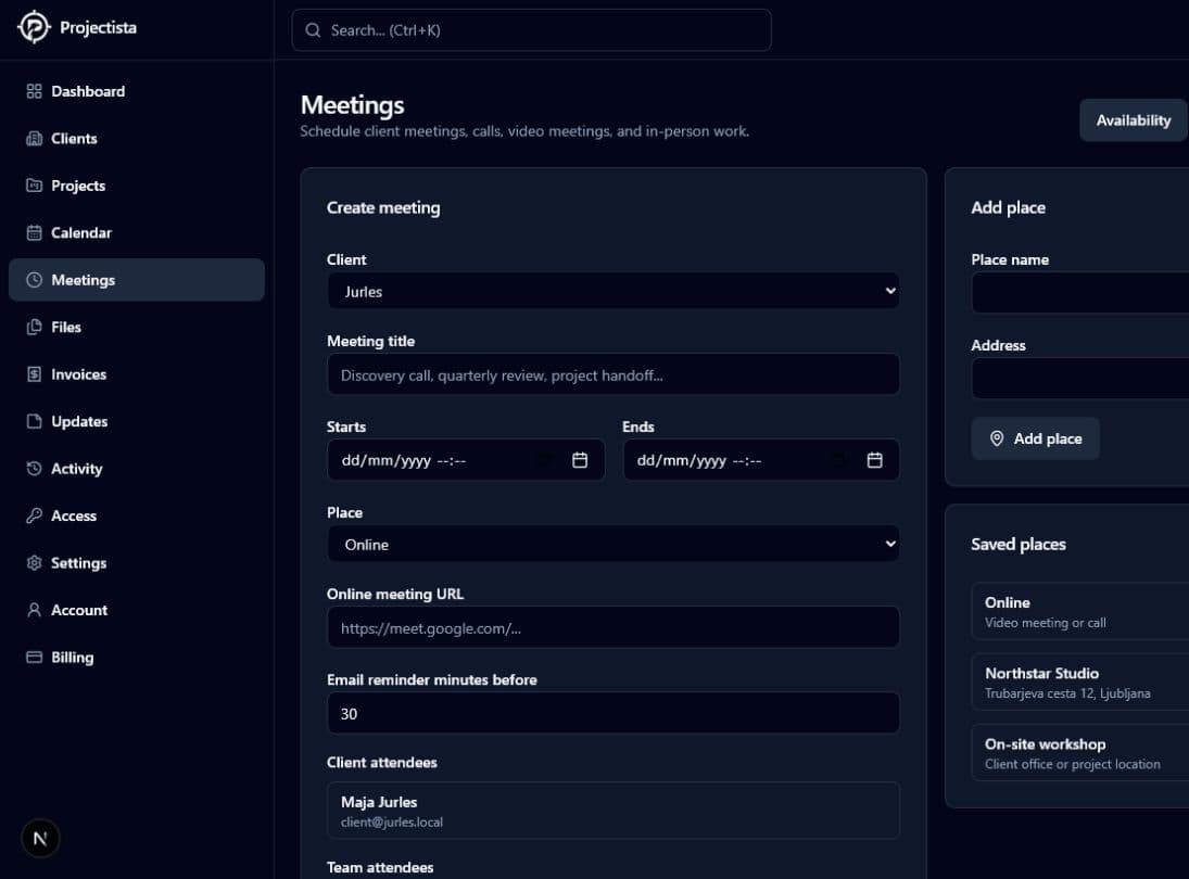 Meeting scheduling with places and attendees screen in Projectista