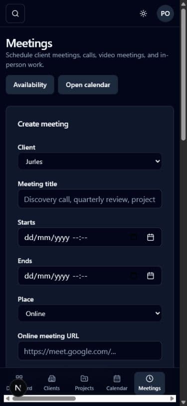 Meetings screen in Projectista