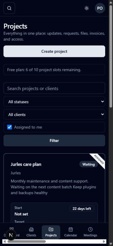 Projects screen in Projectista