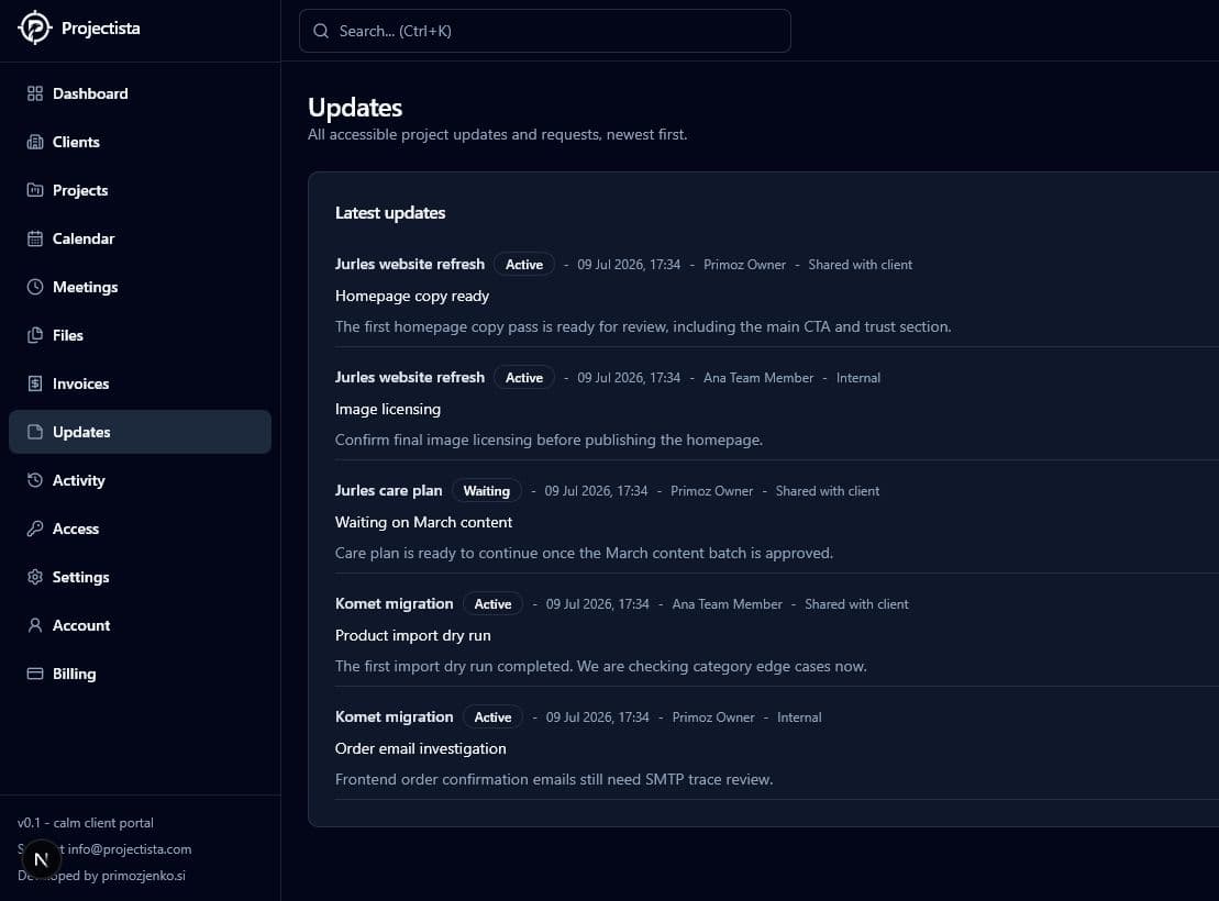 Project updates and requests in one timeline screen in Projectista