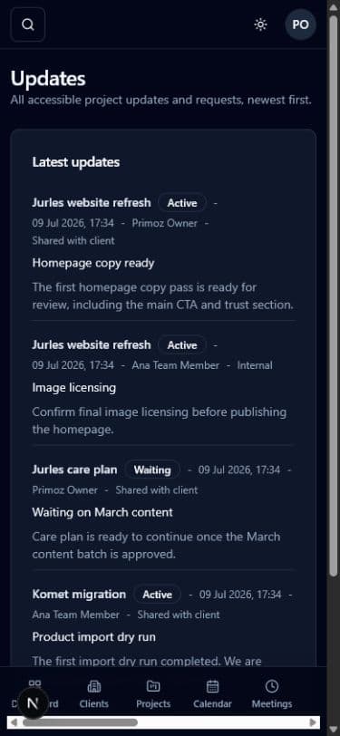 Updates screen in Projectista